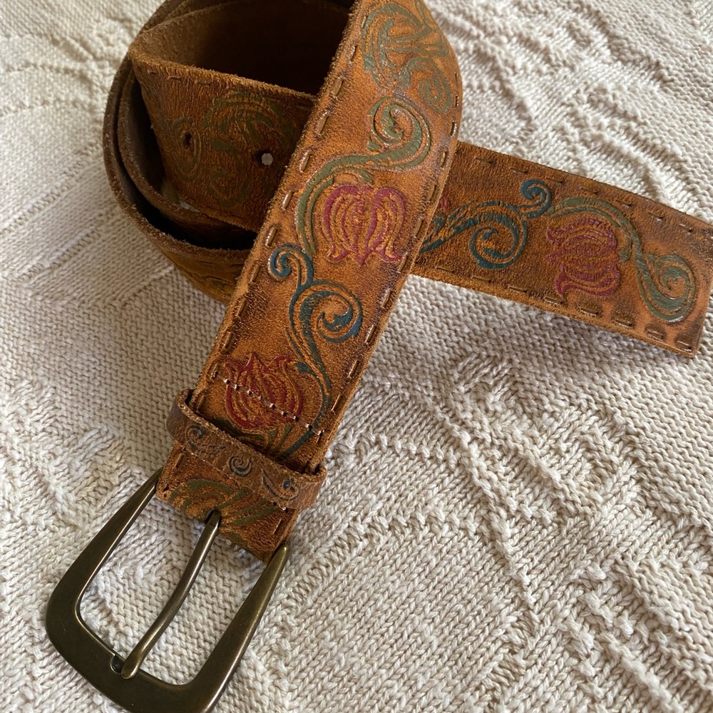 Brown Leather Belt with Embossed Distressed Floral Design Size XL